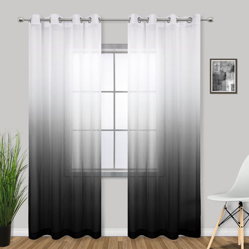 KOUFALL Black Curtains for Living Room Bedroom,Sheer Ombre Patterned Printed Dining Room Curtains 84 Inch Length Long 2 Panels Set,Black and White - Image 1